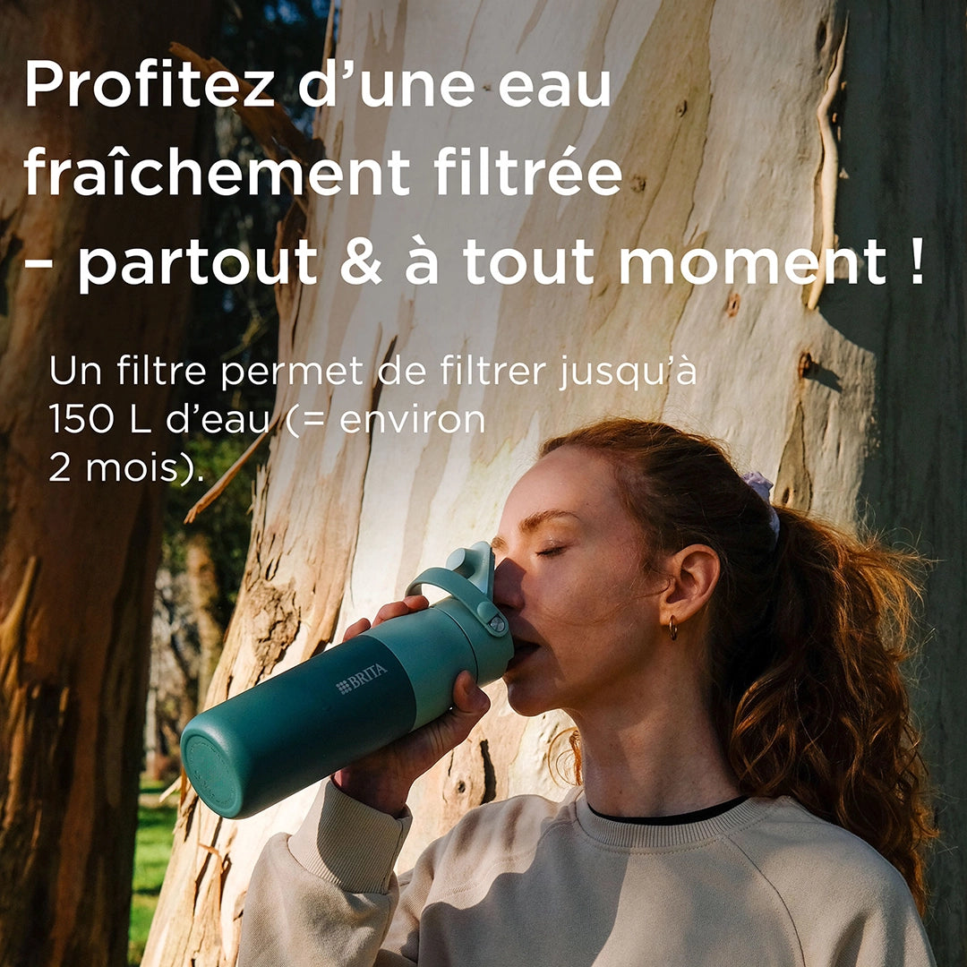A woman drinking from a green BRITA LARQ water filter bottle, with a caption stating that it filters 150 L of water