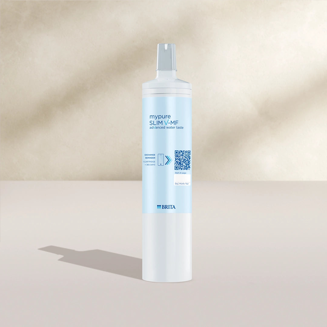 BRITA mypure SLIM V-MF water filter on a beige background.