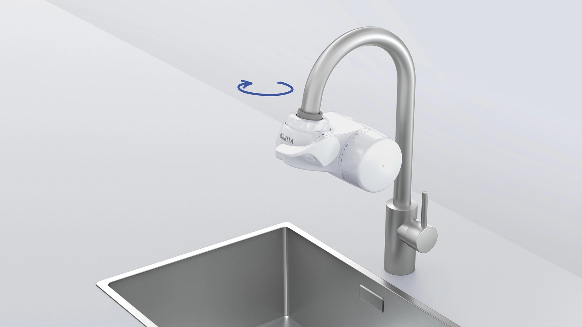 Installation illustration showing the BRITA ON TAP filter being rotated into position on a kitchen faucet