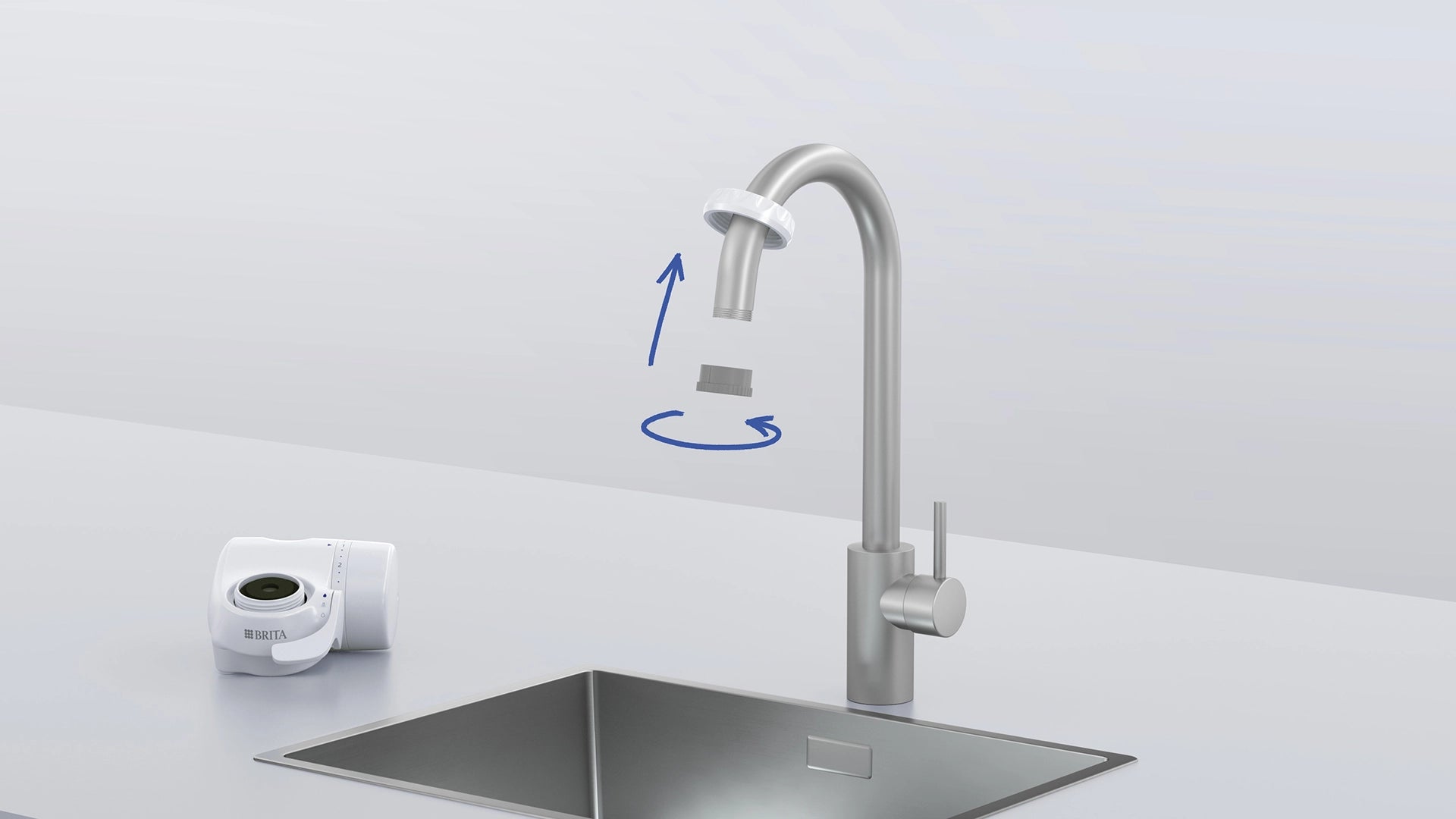 Graphic showing installation of the BRITA ON TAP filter on a kitchen tap